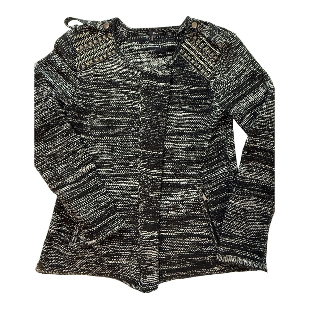 Dex 1963 Black White Marled Knit Studded Shoulder Zip Front Jacket Womens Medium